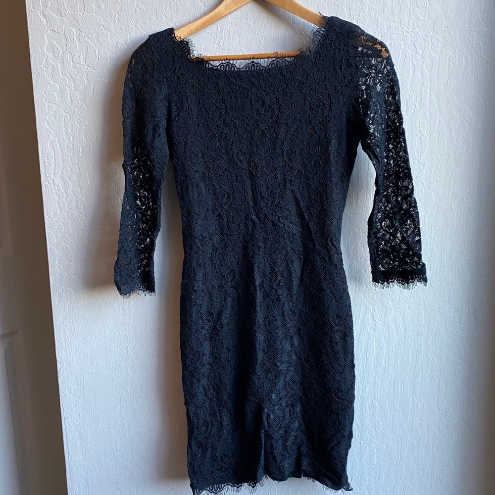 DVF Black Lace Sleeved Dress w/ Exposed Zipper
